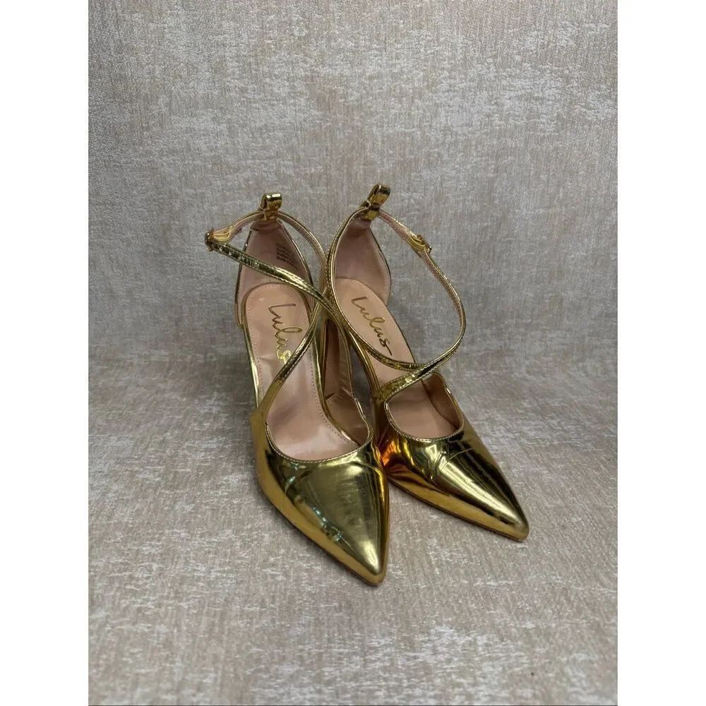 Lulus Women's Fernany Patent Pointed Toe Ankle Strap Pumps Shoes Gold Size 6